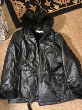VTG Wilsons Leather Fur Lined Hooded Jacket Belted Trench Coat Black Womens XXL
